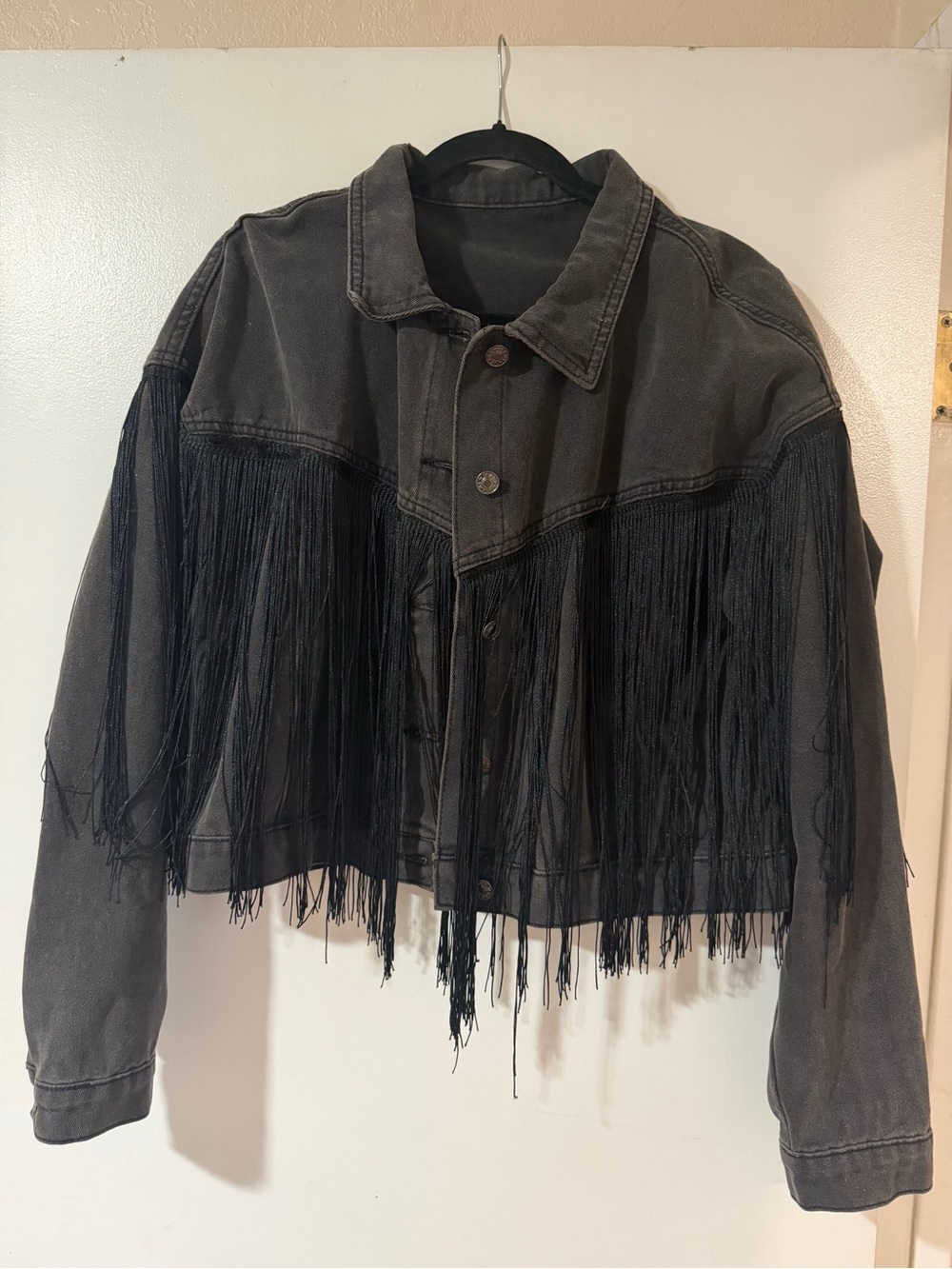 Fringed Black Denim Jacket - Women’s Cropped Coat